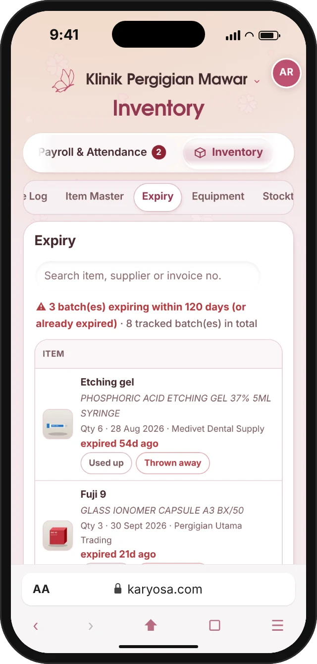 Expiry on a phone: batches already out of date and batches expiring soon.